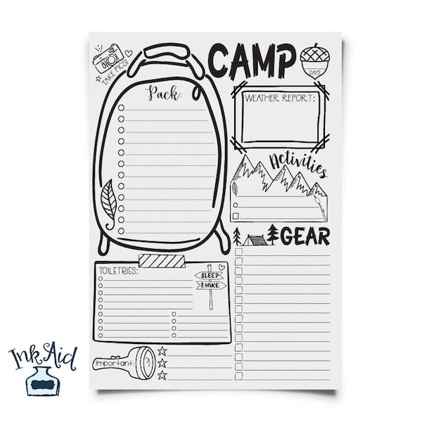 Doodle CAMP Out Packing List | PRINTABLE Full Page | Hand Drawn PDF File | Girl Scout Leader Camping Birthday Party | Mom Travel Planner