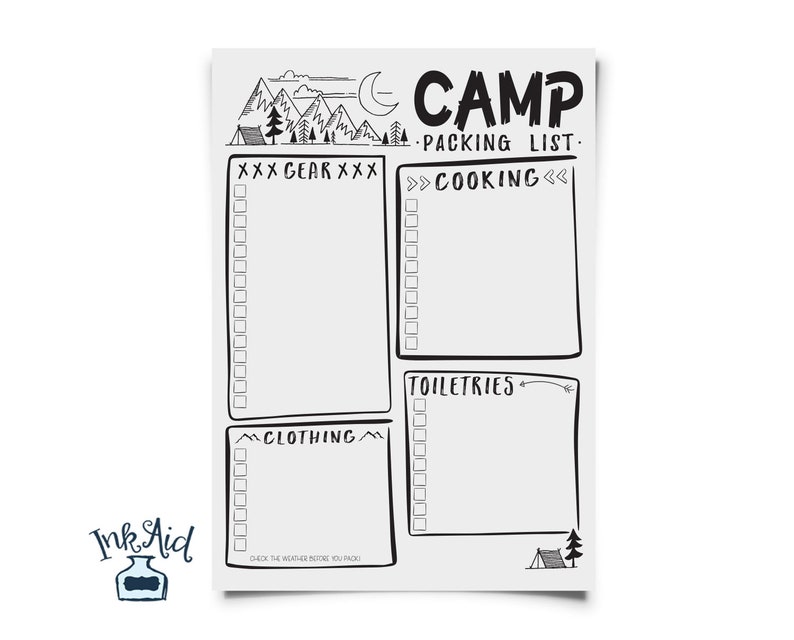 CAMP Packing List PRINTABLE Full Page Hand Drawn PDF File Boy Cub Girl