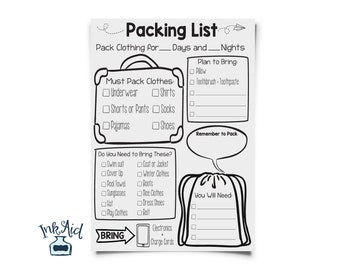 Kid's Doodle Packing List | PRINTABLE Full Page | Hand Drawn PDF File | Weekend Vacation Stay Overnighter | Travel Planner | School Trip