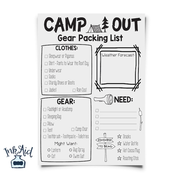 Kid's Doodle Overnight CAMP Out Packing List | PRINTABLE Full Page | Hand Drawn PDF File | Camping Birthday Party | Travel Planner | Hike