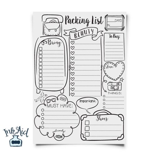 doodle travel packing list printable full page checklist etsy