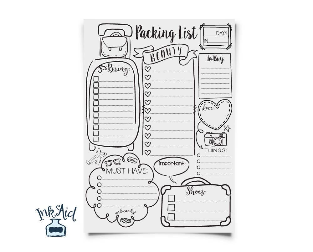doodle travel packing list printable full page checklist etsy