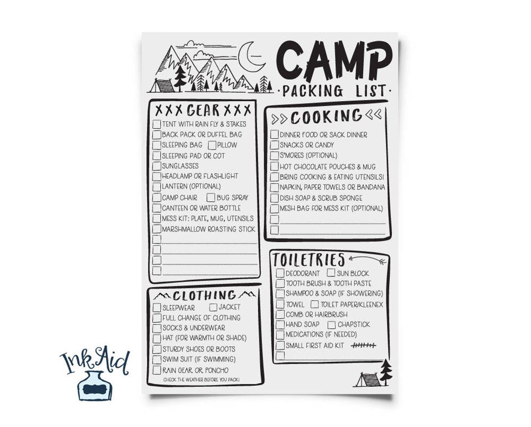 CAMP Packing List PRINTABLE Full Page Hand Drawn PDF File Boy Cub Girl