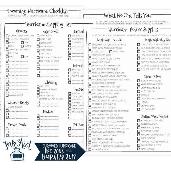 HURRICANE Prep Printable Checklists | Print Your Own Storm Preparation Supplies | PDF Files | Prepare for Tropical Cyclone Emergency