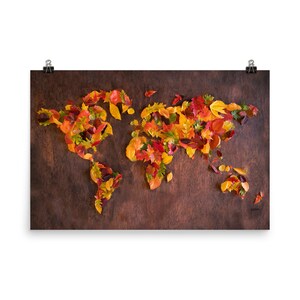 May include: A world map made out of colorful autumn leaves on a brown wooden background.