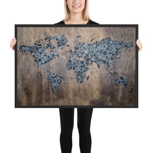 World Map Poster Framed • Wood and Graphite Rustic Bicycle Gear Art