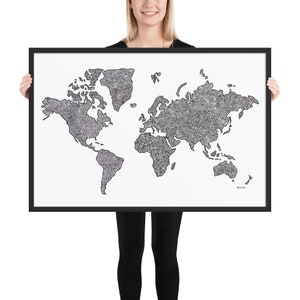May include: A black framed print of a world map with a textured grey design. The map is outlined in black and the text "Earth" is in the bottom right corner.