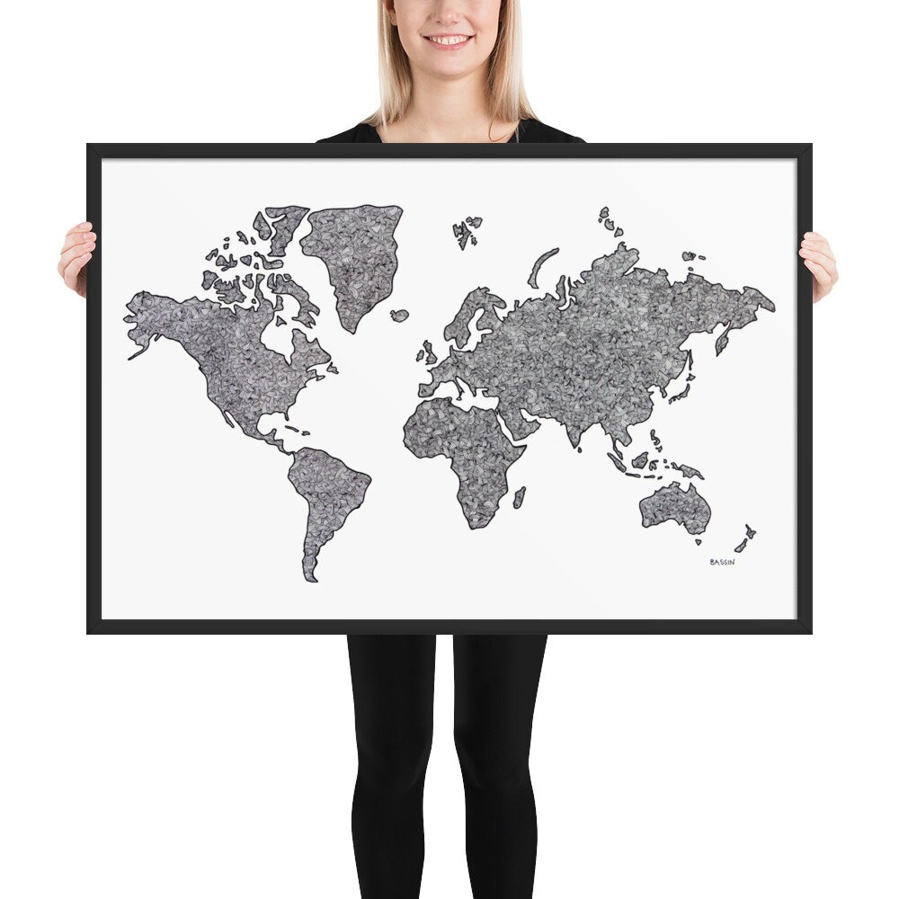 World Map Framed Poster Black And White Ink Interconnected Zentangle 