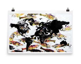 World Map Poster • Gyotaku Fish Print Mixed Media Ink and Paint
