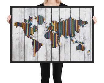 World Map Poster Framed • On Belay Climbing Rope on Recycled Palette Wood