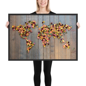 World Map Poster Framed • Rustic Rose Petals Floral on Recycled Palette Wood