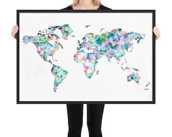 World Map Poster Framed • River Systems Earthtone Watercolor Painting Art