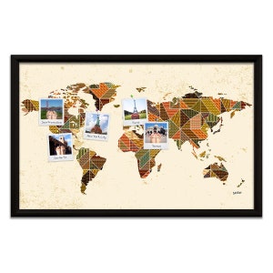 May include: A world map with a patchwork design in shades of brown, orange, and green. The map is decorated with small photo cards of various landmarks, including the Golden Gate Bridge, the Statue of Liberty, the Eiffel Tower, and the Rialto Bridge. The cards are labelled with the city names: San Francisco, New York City, Paris, and Venice.