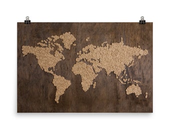 World Map Poster • Rustic Twine Spirals on Dark Wood