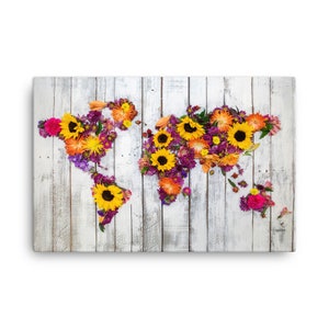 Weltkarte Leinwand • rustikale französische Küche Sommer Sonnenblume Blumenstrauß auf weißen Palette Holz