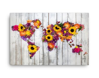 World Map Canvas • Rustic French Kitchen Summer Sunflower Floral Bouquet on White Palette Wood
