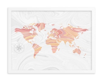 World Map Framed Poster • Rose Gold Liquid Marble Abstract Pour Painting Pattern Travel Art in White Frame