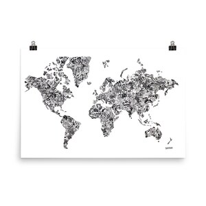 World Map Poster • Creative Mind Doodle Black and White Zentangle Art