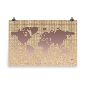 World Map Poster • Rose Gold and Gold Glitter