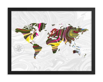 World Map Poster Framed • Magenta, Green and Yellow Liquid Marble Abstract Pour Painting Pattern Travel Art