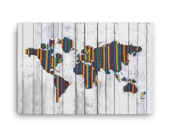 World Map Canvas • On Belay Climbing Rope on Recycled Palette Wood
