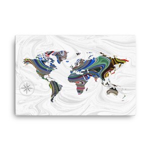 世界地図キャンバス • 青、緑、黄色の液体大理石の抽象的な注ぎ絵画パターン旅行アート