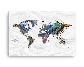 World Map Canvas • Blue, Green and Yellow Liquid Marble Abstract Pour Painting Pattern Travel Art