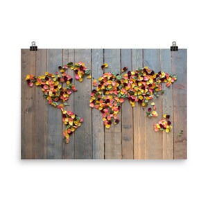World Map Poster • Rustic Rose Petals Floral on Recycled Palette Wood
