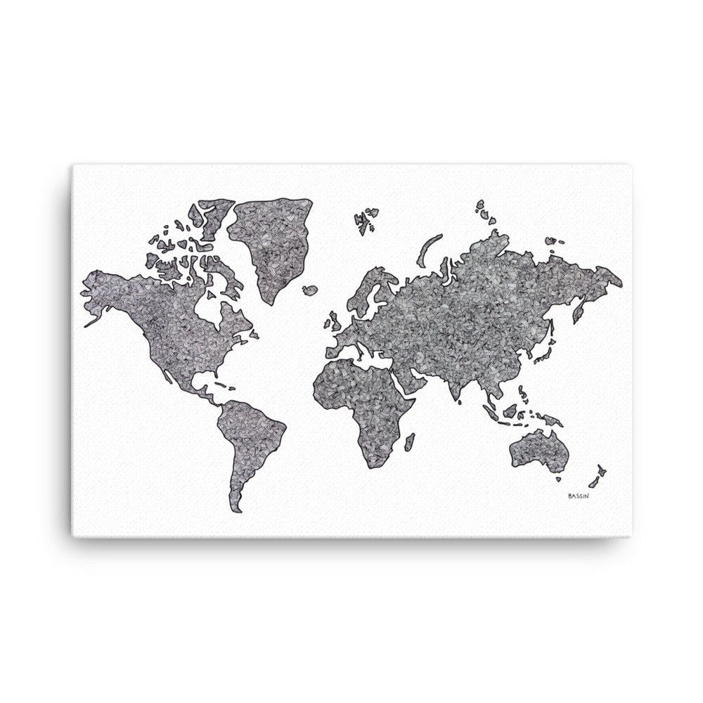 World Map Canvas Black and White Ink Interconnected Zentangle Pattern