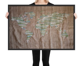 World Map Poster Framed • Earthtone Rustic Cross Stitch Embroidery on Burlap