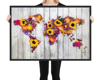 World Map Poster Framed • Rustic French Kitchen Summer Sunflower Floral Bouquet on White Palette Wood