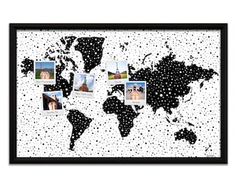 World Map Push Pin Board - Black and White Particle World Dots