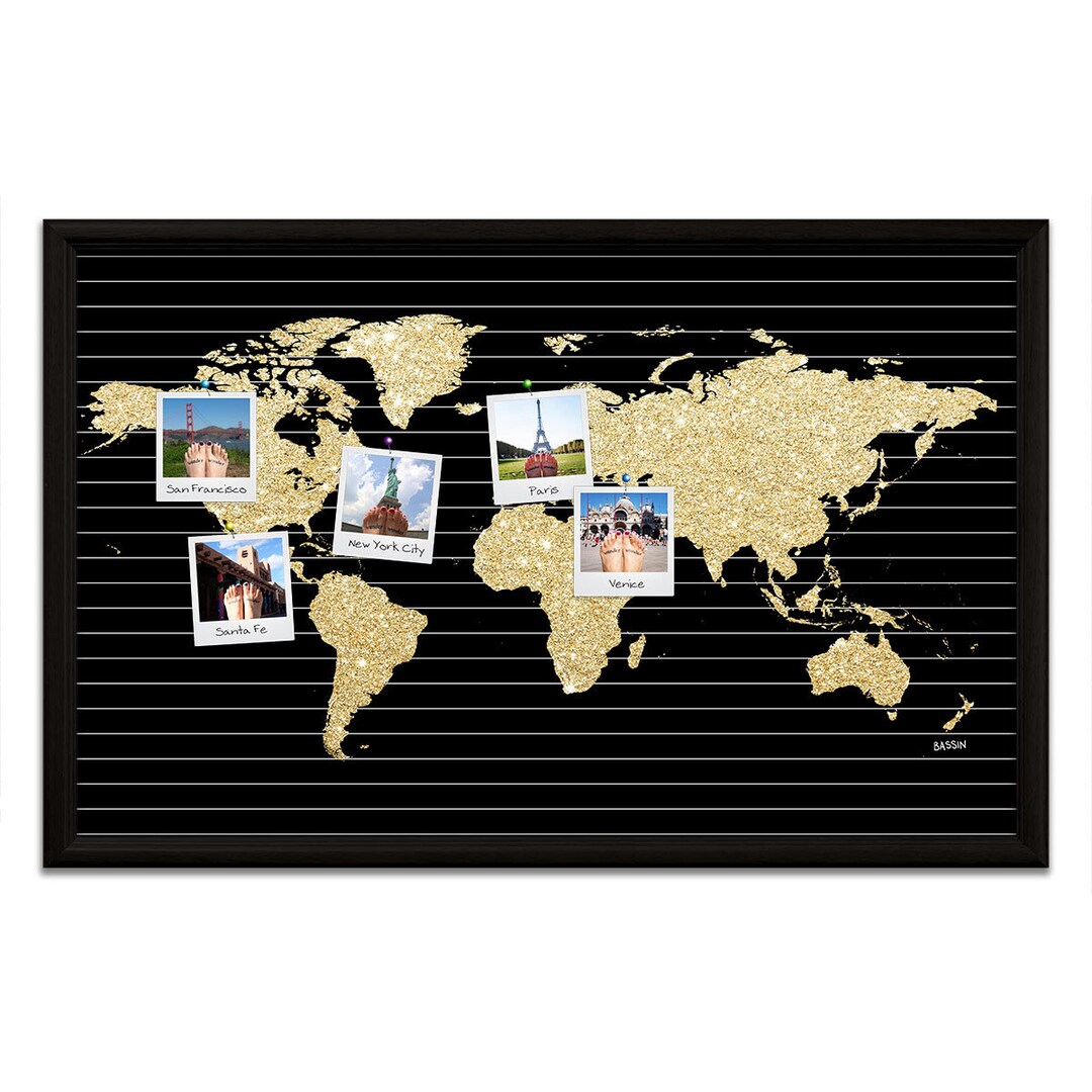 World Map Push Pin Board • Gold Glitter on Black Pinstripes - Etsy