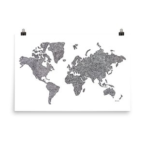 May include: A black and white line drawing of a world map with a textured, grainy appearance. The map is on a white background.