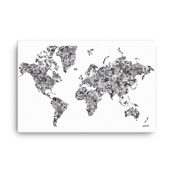 World Map Canvas Creative Mind Doodle Black And White Etsy
