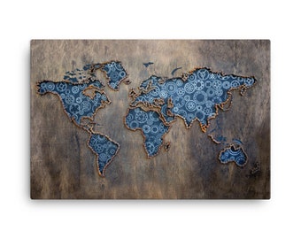 World Map Canvas • Bike Chain and Graphite Gears on Walnut Wood