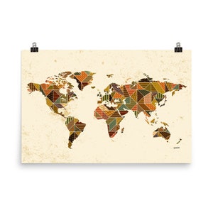 May include: A world map with a patchwork design in shades of brown, orange, yellow, and green. The map is on a beige background with a distressed texture.