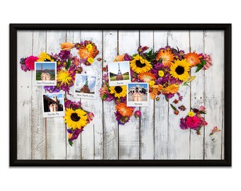 World Map Push Pin Board • Rustic French Kitchen Summer Sunflower Floral Bouquet on White Palette Wood