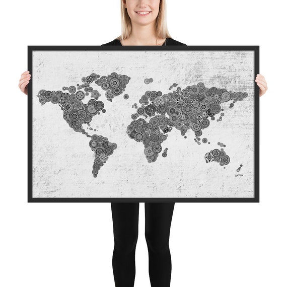World Map Poster Framed World Map Poster Framed Black And White Mandalas On Rustic | Etsy Singapore