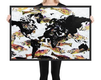 World Map Framed Poster • Gyotaku Japanese Fish Print Mixed Media and Paint