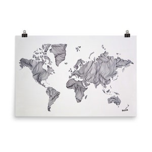 May include: A black and white world map art print. The continents are depicted with flowing, textured lines, creating a unique artistic effect. The print is held in place with two black binder clips. The artist's name, "BASSIN", is in the lower right corner.