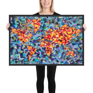 World Map Poster Framed • Recycled Paper Collage in Cool and Warm Colors