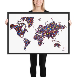World Map Poster Framed • Inspired by Mondrian Geometric Art