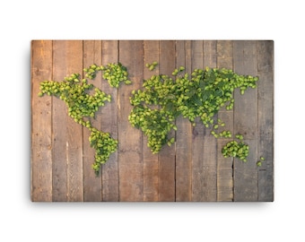 World Map Canvas • Beer Hops on Upcycled Palette Wood