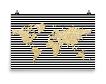 World Map Poster • Gold Glitter on Black and White Stripes