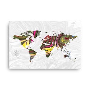 Weltkarte Leinwand • Magenta, grün und gelb flüssigen Marmor abstrakte Pour Malerei Muster Reisekunst