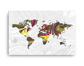 World Map Canvas • Magenta, Green and Yellow Liquid Marble Abstract Pour Painting Pattern Travel Art