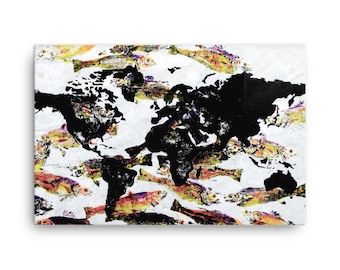 World Map Canvas • Gyotaku Fish Print Mixed Media Ink and Paint