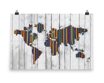 World Map Poster • On Belay Climbing Rope on Recycled Palette Wood