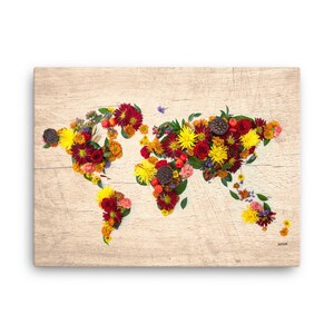 Lienzo del mapa del mundo • Ramo Floral de Otoño en Madera